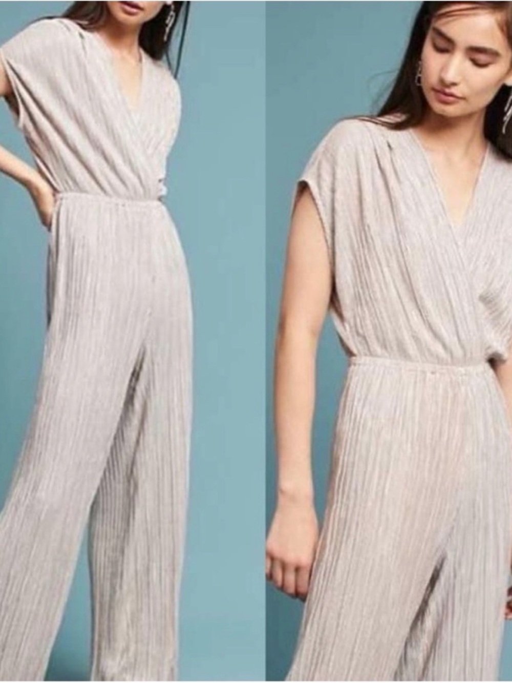 Anthropologie gold metallic pleated jumpsuit- worn one time L
